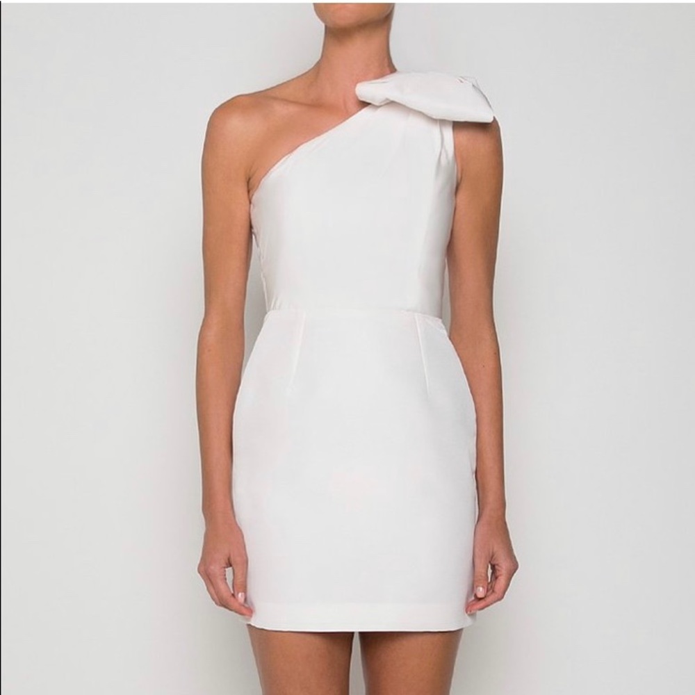 white silk one shoulder mini dress